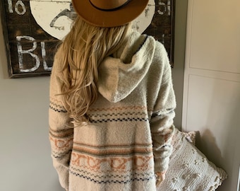 New Women's Oversized Hooded Pocketed Long Cardigan Sweater Coat / Boho Blanket Knitted Western Vintage Inspired ~ Sizes Medium to X-Large