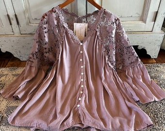 Lavender Tribe Roslyn Lilac Lace Cotton Blouse 3/4 Sleeve Button Front Floral Romantic Purple Top Boho Gift ~ Women's Sizes Small to XL