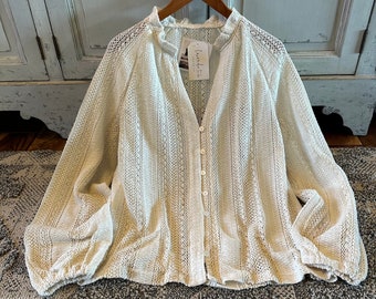 Lavendel stam ontwerp Colette Boho crème kant lange mouw knop voorkant blouse handgemaakte top Boho V-hals ~ damesmaten klein tot XXL