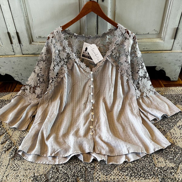 ラベンダートライブ ロズリン レース ブラウス：7分袖 コットン ボヘミアン トップ