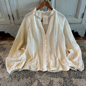 Lavender Tribe Design Colette Bohemian Cream Lace Long Sleeve Button Front Blouse Handmade Top Boho V-Neck ~ Women's Sizes Small to XXL