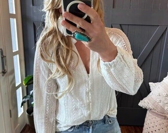 New Colette Bohemian White Lace Long Sleeve Button Front Blouse by Lavender Tribe Design - Women's Top Boho V-Neck ~ Sizes Small to Large