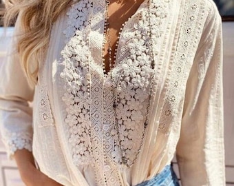 Neue Boho-Spitze, 3/4-Ärmel, Knopfleiste vorne, florale, romantische Bluse – Damen-Top, Boho-Vintage-Stil der 70er Jahre, inspiriert ~ 5 Größen: S bis XL