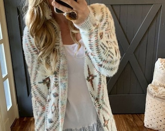 New Cozy Celtic Print Long Cardigan Sweater Top Boho Blanket Western Southwest Cowichan vintage 70s Inspiré ~ Tailles femmes petites à XL