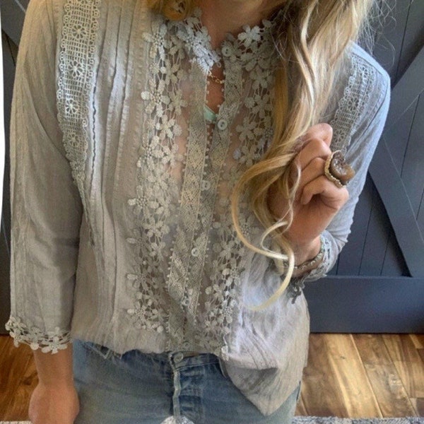 Grey Lace Blouse: Handmade 3/4 Sleeve Button-Front Boho Top