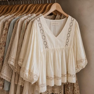 Può includere: Una camicetta color bianco sporco con scollo a V, caratterizzata da un intricato bordo in pizzo lungo il corpetto, le maniche e l'orlo. Il capo presenta maniche voluminose a tre quarti e una vita arricciata, appeso a una gruccia di legno.