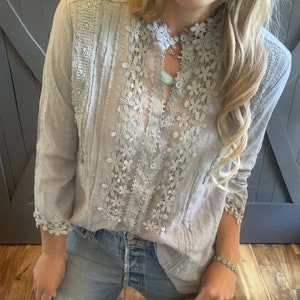 Lavender Tribe Design Stellan Bohemian Grey Lace 3/4 Sleeve Grey Button Front Floral Romantic Blouse - Women's Top ~ 5 Sizes Small to XXL