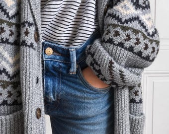 Handmade Grey Shawl Collar Grandpa Cardigan: Chunky Fair Isle Knit Boho Sweater by Lavender Tribe Design
