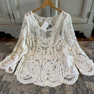 Lavender Tribe Women&#39;s Crochet Cotton Lace Long Sleeve Blouse Bohemian White Feminine Folk Top Western Long Sleeve Shirt ~ Sizes Small to XL