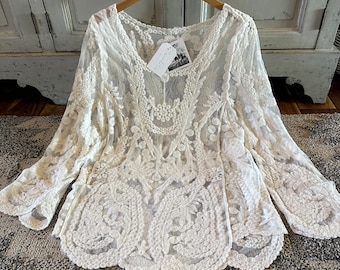 Lavender Tribe Women's Crochet Cotton Lace Long Sleeve Blouse Bohemian White Feminine Folk Top Western Long Sleeve Shirt ~ Sizes Small to XL