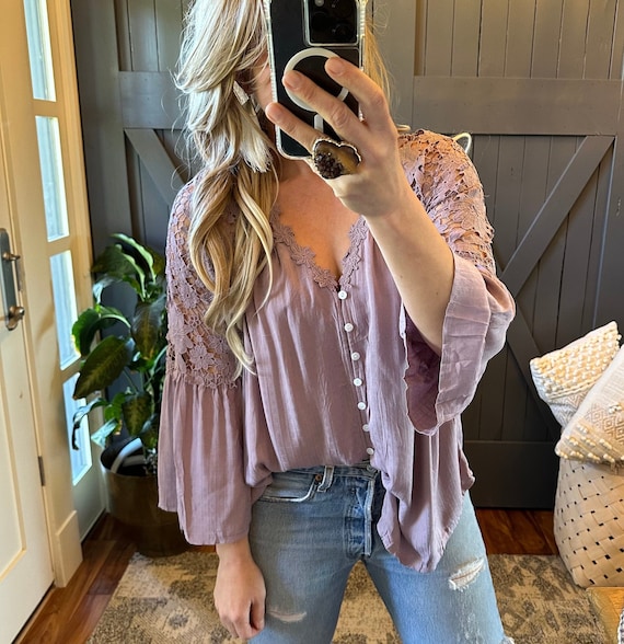 Lilac Lace Cotton Blouse: Roslyn 3/4 Sleeve Button-Front Top
