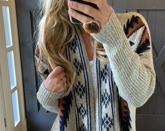 Aztec Print Cardigan: Grey Western Blanket Sweater, Handmade by