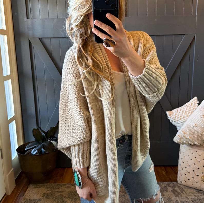 Handmade Shawl Collar Oversized Cardigan: Cable Knit Dolman Sleeve Boho Sweater image 8