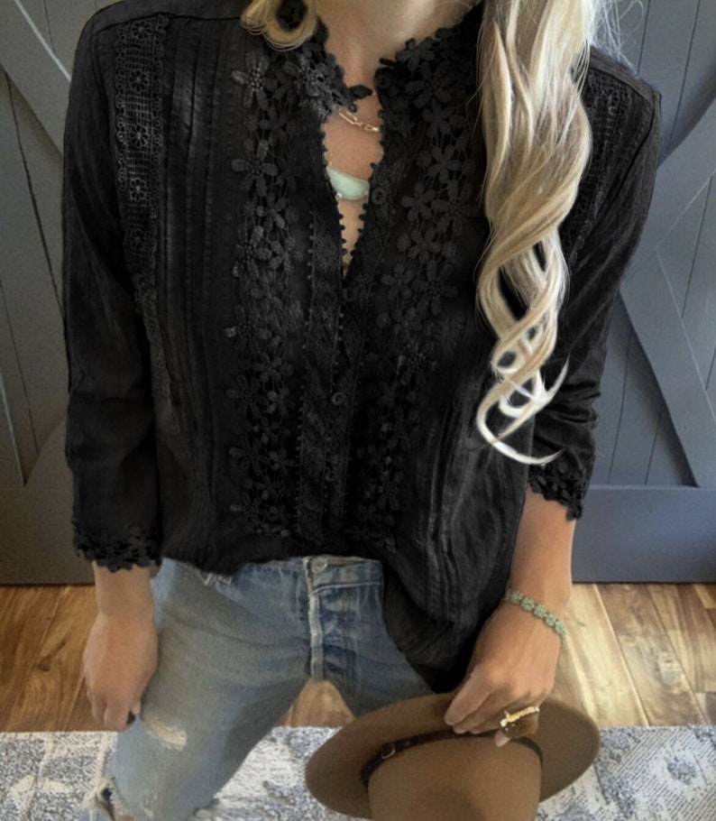 The Stellan Black Lace Blouse by Lavender Tribe Design Bohemian 3/4 Sleeve Button Front Women's Handmade Top 5 Sizes Small to XXL image 1