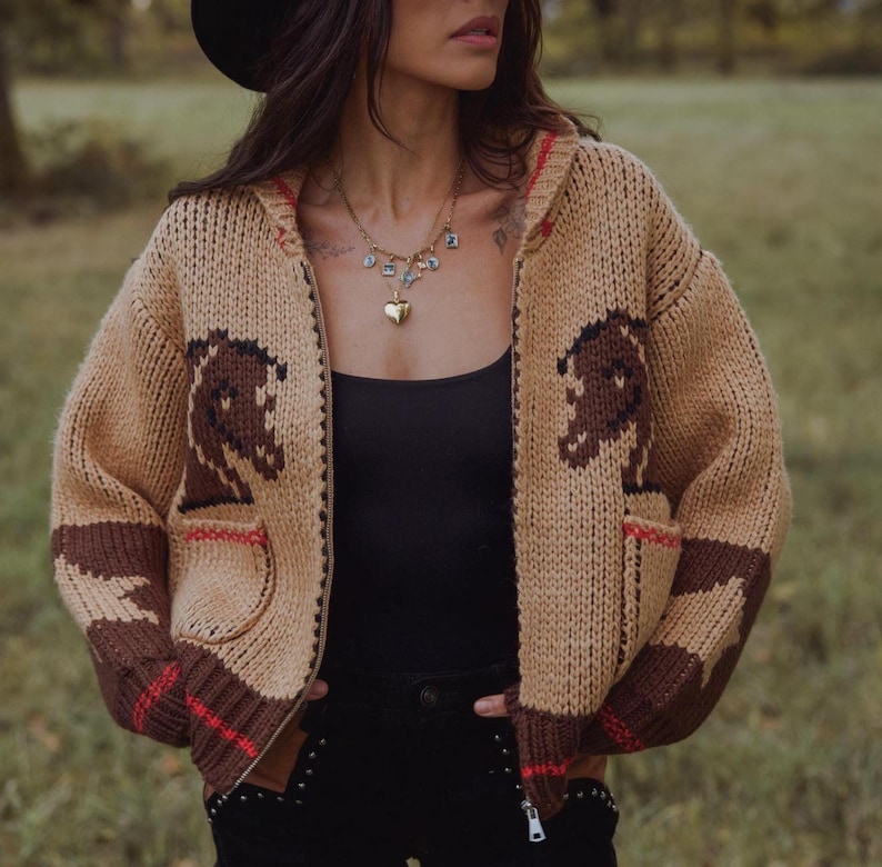 Retro Rodeo Cardigan Handmade Horse Print Knit Cardigan: Western Rodeo Boho Handknit Jacket ...