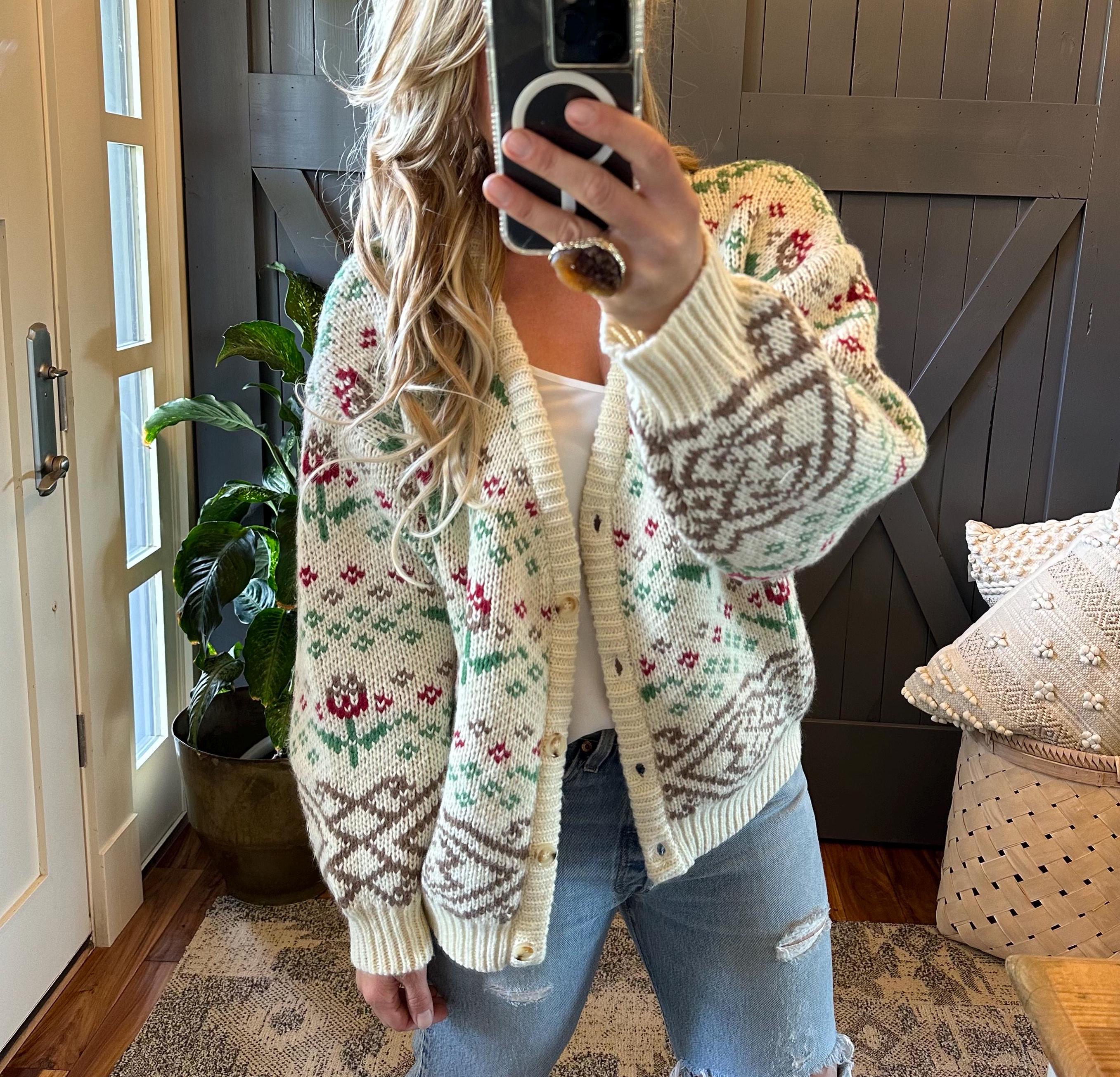 New Handmade Chunky Wool Fair Isle Knit Cardigan Sweater