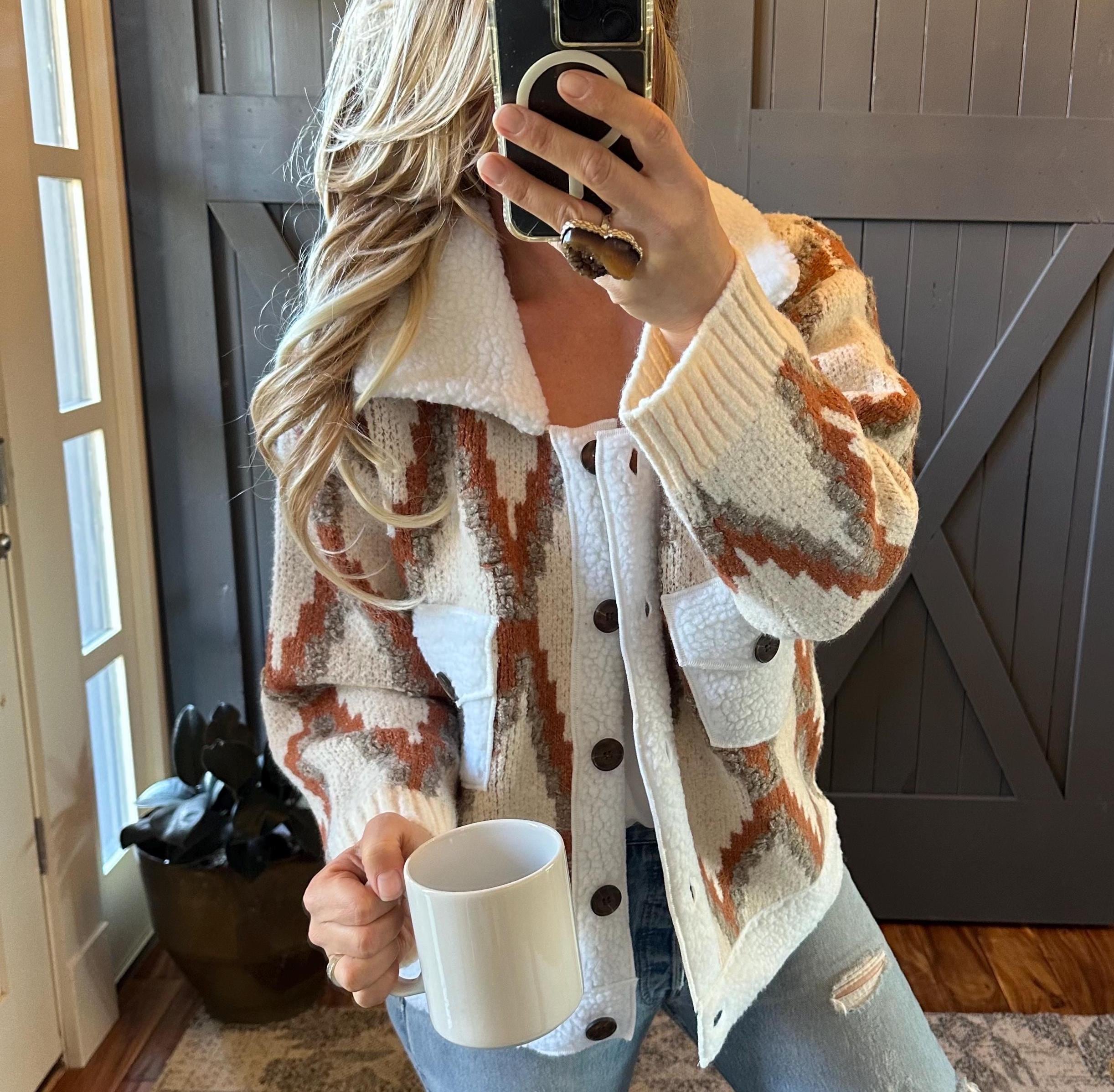 Handmade Knit Sherpa Sweater Jacket: Quilted Western Coat, by