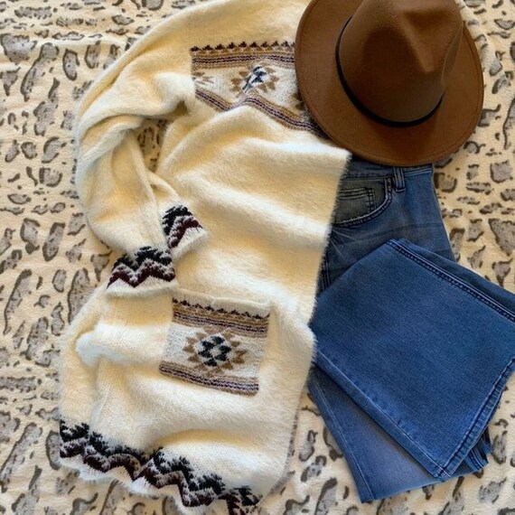 LavenderTribeDesign New Cozy Native Print Long Cardigan Sweater Top Boho Blanket Teddy Cowichan Southwest Vintage 70s Inspired ~ Women's Four Sizes Small to XL