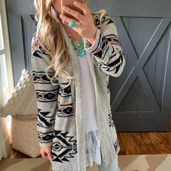 Long Cardigan Aztec Sweater / Top Boho 