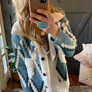 Handmade Knit Sherpa Cardigan: Western Quilt Coat, Boho Style
