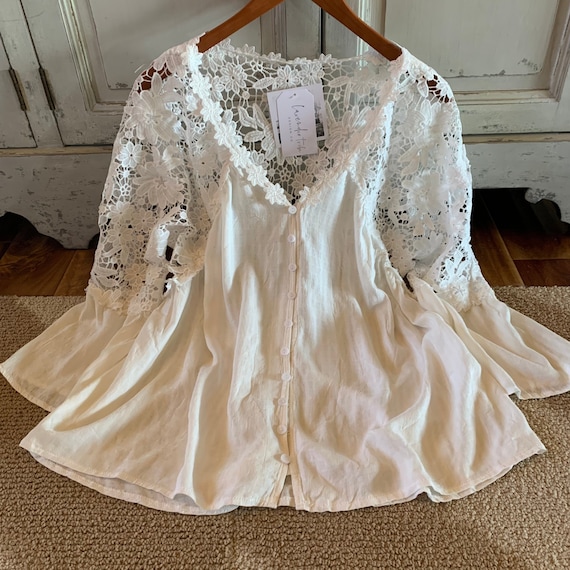 White Lace Blouse: Roslyn Floral Button-front Top, Boho Romantic