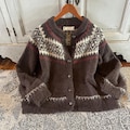 Handmade Fair Isle Knit Cardigan: Cotton Wool Blend Brown Icelandic Sweater