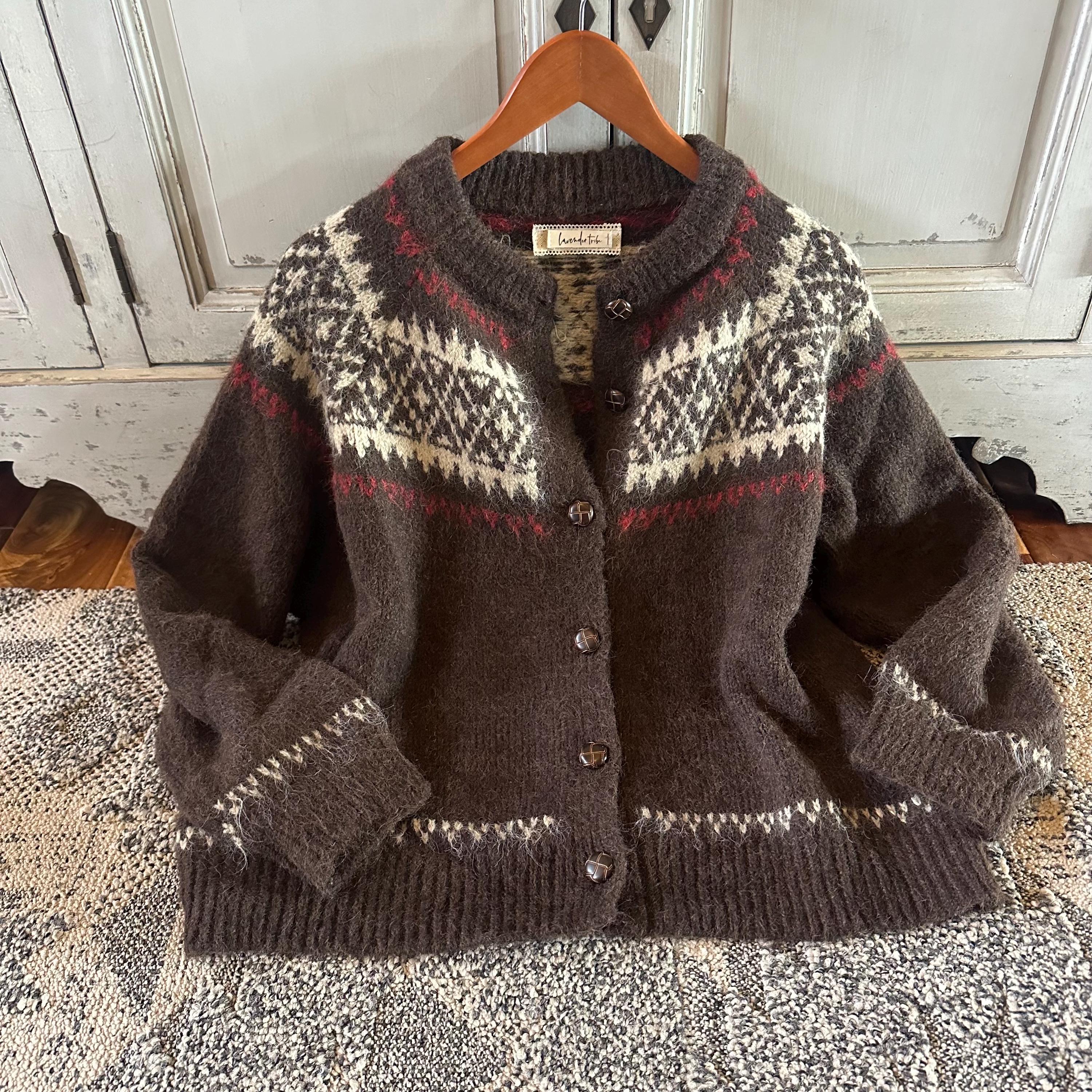 Handmade Fair Isle Knit Cardigan: Cotton Wool Blend Brown Icelandic Sweater