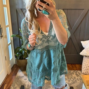 The Hailey Teal Crochet Lace Blouse by Lavender Tribe Design V-Neck Turquoise Handmade Boho Women's Clothing Top One Size Fits Medium to XL image 7