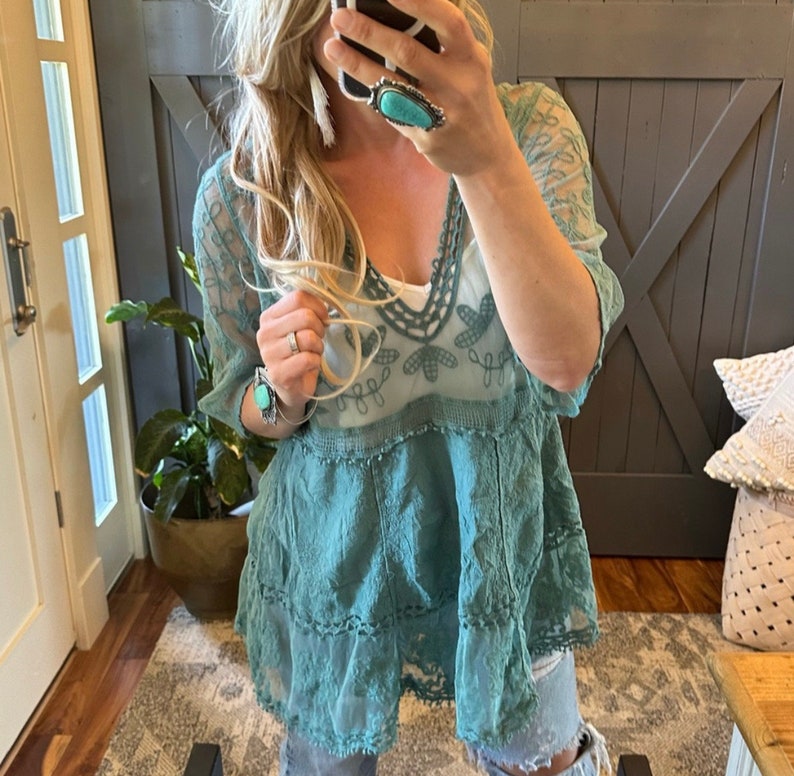 The Hailey Teal Crochet Lace Blouse by Lavender Tribe Design V-Neck Turquoise Handmade Boho Women's Clothing Top One Size Fits Medium to XL image 7