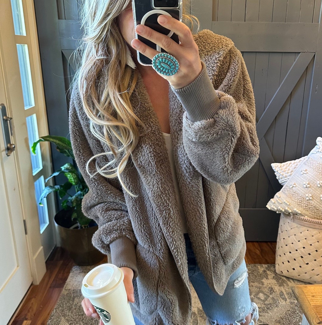 The Feather Lodge Oversized Teddy Brown Hooded Cardigan Sweater Sherpa ...