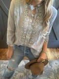 Bohemian Lace Cotton Blouse: Grey Floral 3/4 Sleeve Feminine Top