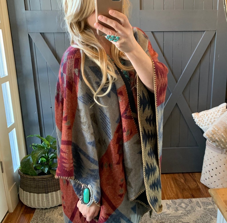New Aztec Geometric Cozy Poncho Blanket Cardigan Sweater Etsy