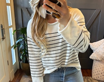 Katy Stripe Cotton Knit Top Pullover Sweater van Lavender Tribe Design Handgemaakte Boho Stripe Shirt Top Dameskleding Maten Klein tot X-Large