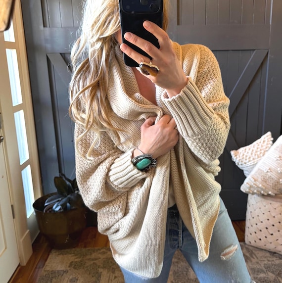 Handmade Shawl Collar Oversized Cardigan: Cable Knit Dolman Sleeve Boho Sweater