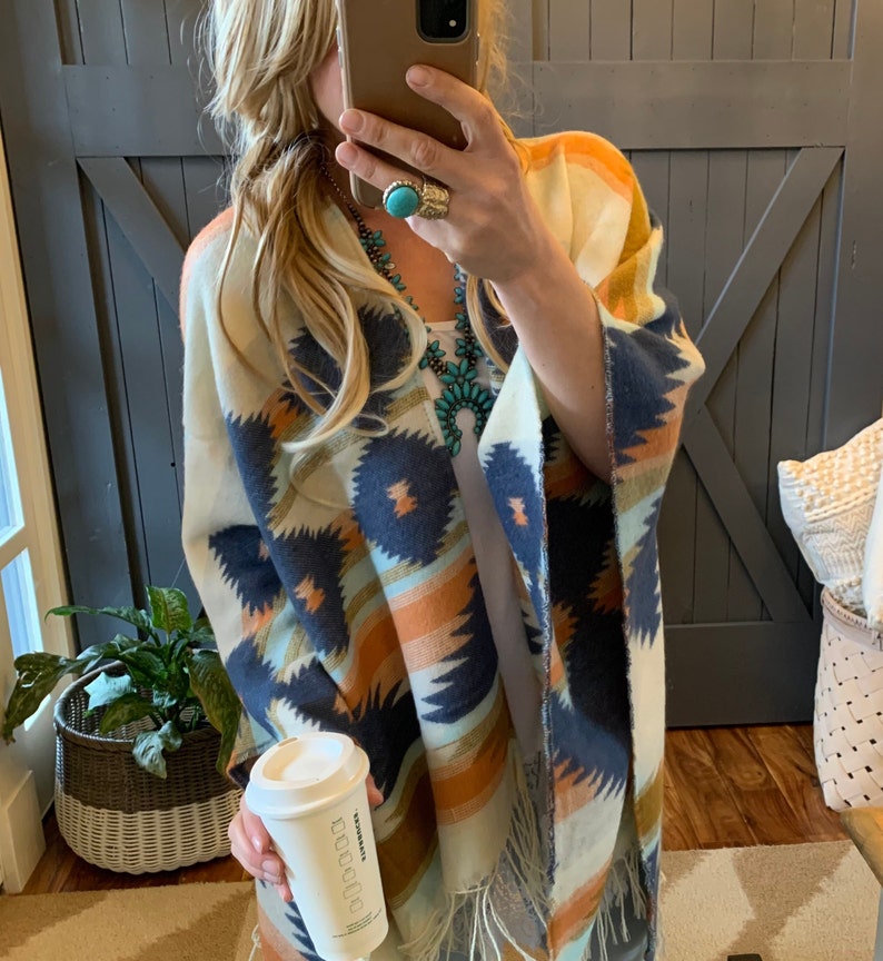 New Aztec Western Fringed Poncho Blanket Cardigan Sweater Etsy