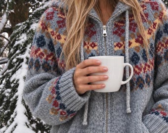 Handmade Fair Isle Hooded Knit Cardigan: Heirloom Quality Wool Blend Zip Front Sweater Coat by Lavender Tribe Design