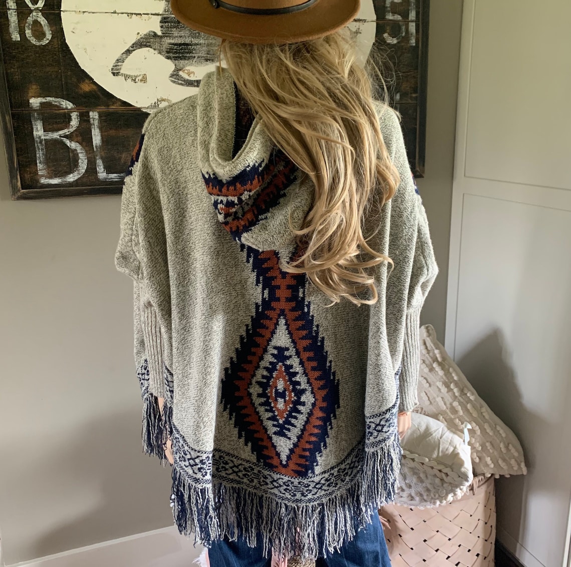 Fringe Hem Aztec Cardigan: Toggle Front Hooded Blanket Sweater - Etsy