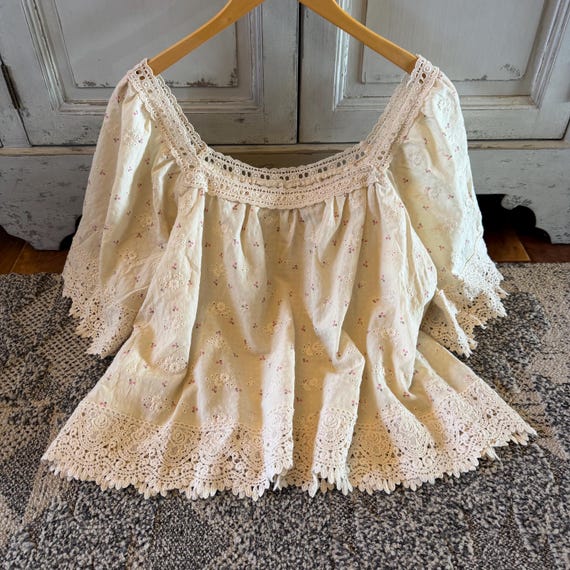 Handmade Floral Cottage Natural Cotton Floral Feminine Blouse, Boho Top by Lavender Tribe Design