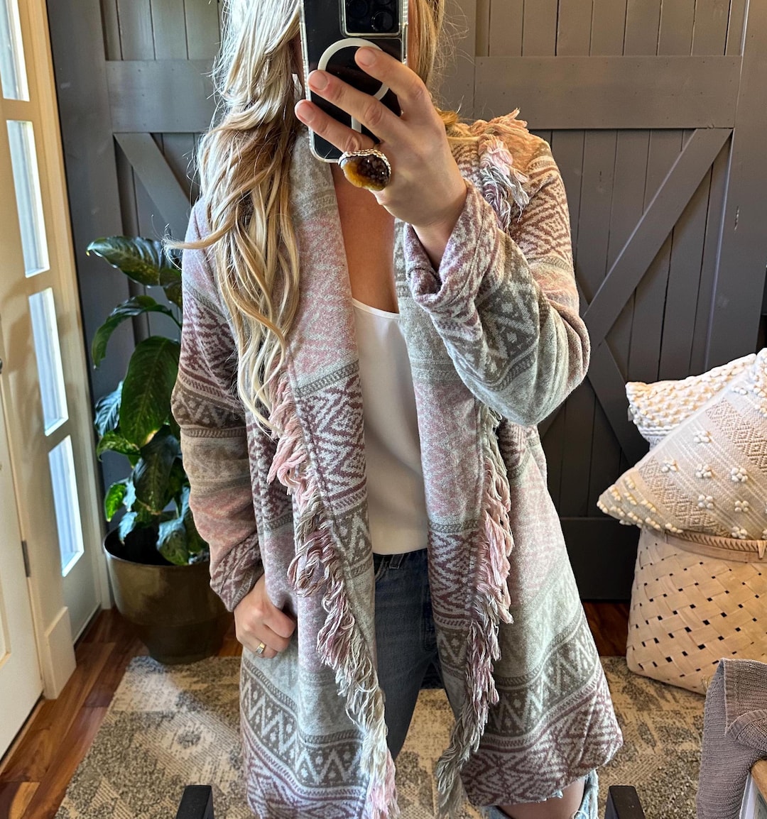 Fringe Sweater Coat: Southwest Print Cardigan, Western Boho Jacket