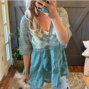 The Hailey Teal Crochet Lace Blouse by Lavender Tribe Design V-Neck Turquoise Handmade Boho Women's Clothing Top One Size Fits Medium to XL image 9