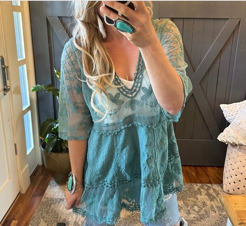 The Hailey Teal Crochet Lace Blouse by Lavender Tribe Design V-Neck Turquoise Handmade Boho Women's Clothing Top One Size Fits Medium to XL image 9