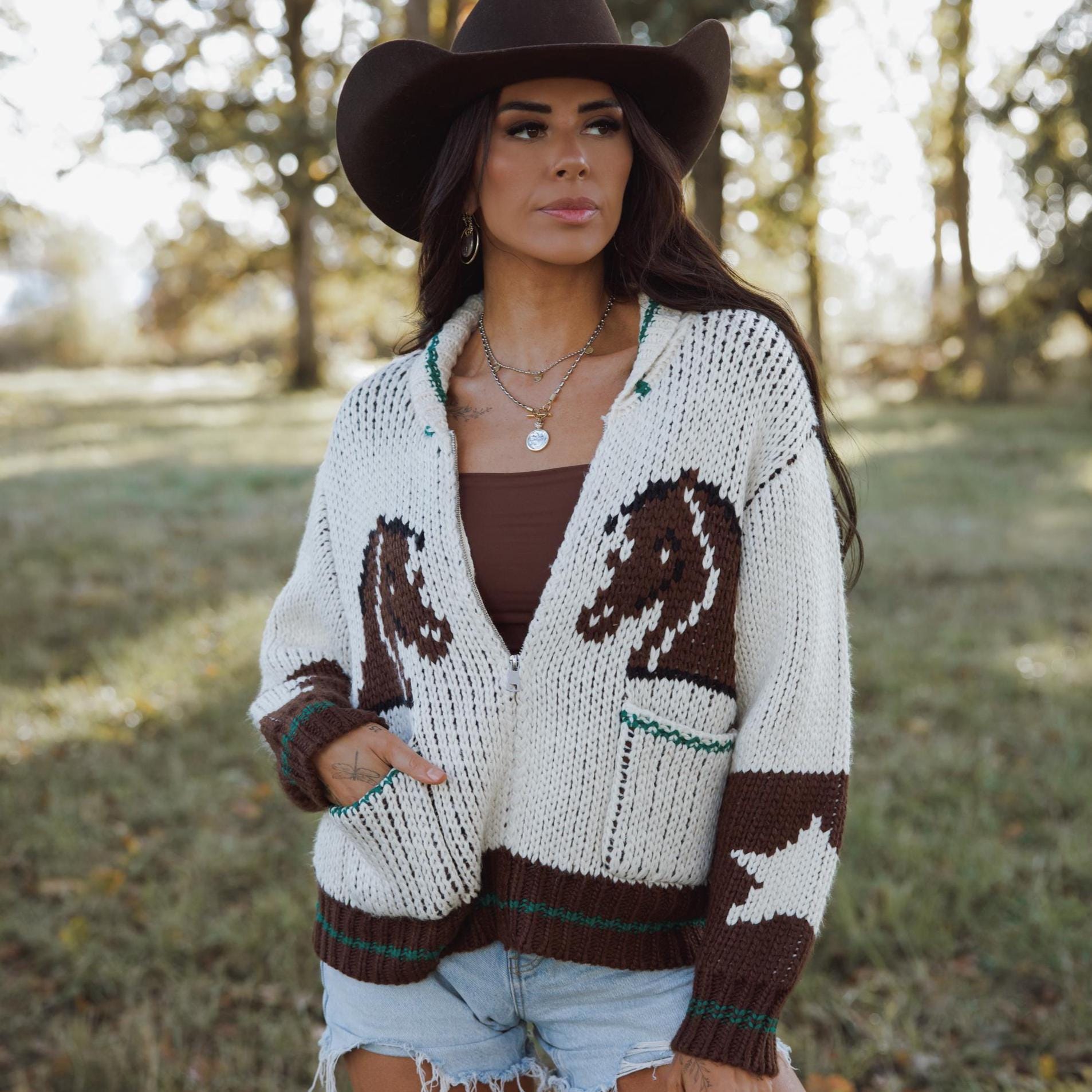 Handmade Chunky Knit Cardigan Sweater: Western Horse Design