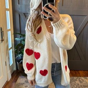 New Heart Embroidered Patch Cardigan Sweater ~ Sweetest Oversized Handmade Knit Valentine's Day Sweetheart Gift ~ Women's Size Small to XL