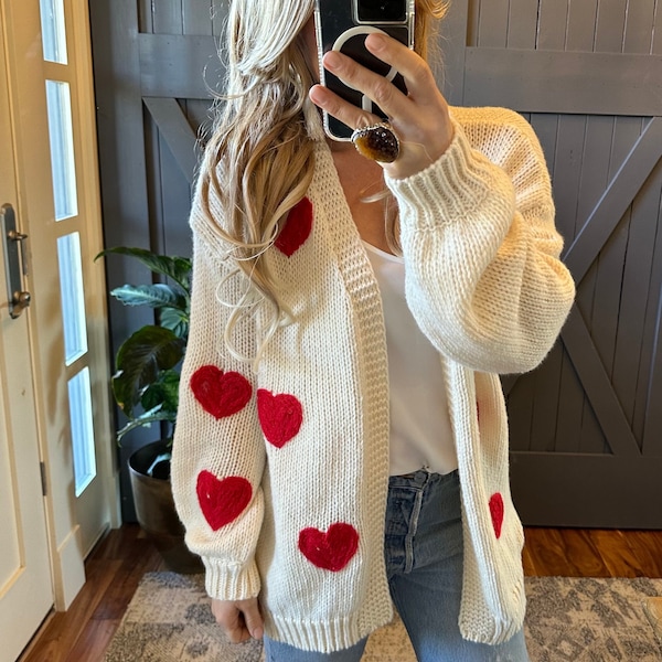 New Heart Embroidered Patch Cardigan Sweater ~ Sweetest Oversized Handmade Knit Valentine's Day Sweetheart Gift ~ Women's Size Small to XL