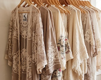 Handmade Feminine Embroidered Floral Kimono Cardigan / Wedding Beach Wear by Lavender Tribe Design