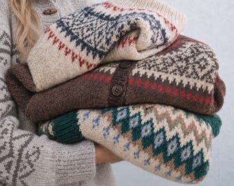 Handmade Nordic Fair Isle Sweater: Cozy Knit Cotton Wool Blend Pullover Cardigans by Lavender Tribe Design