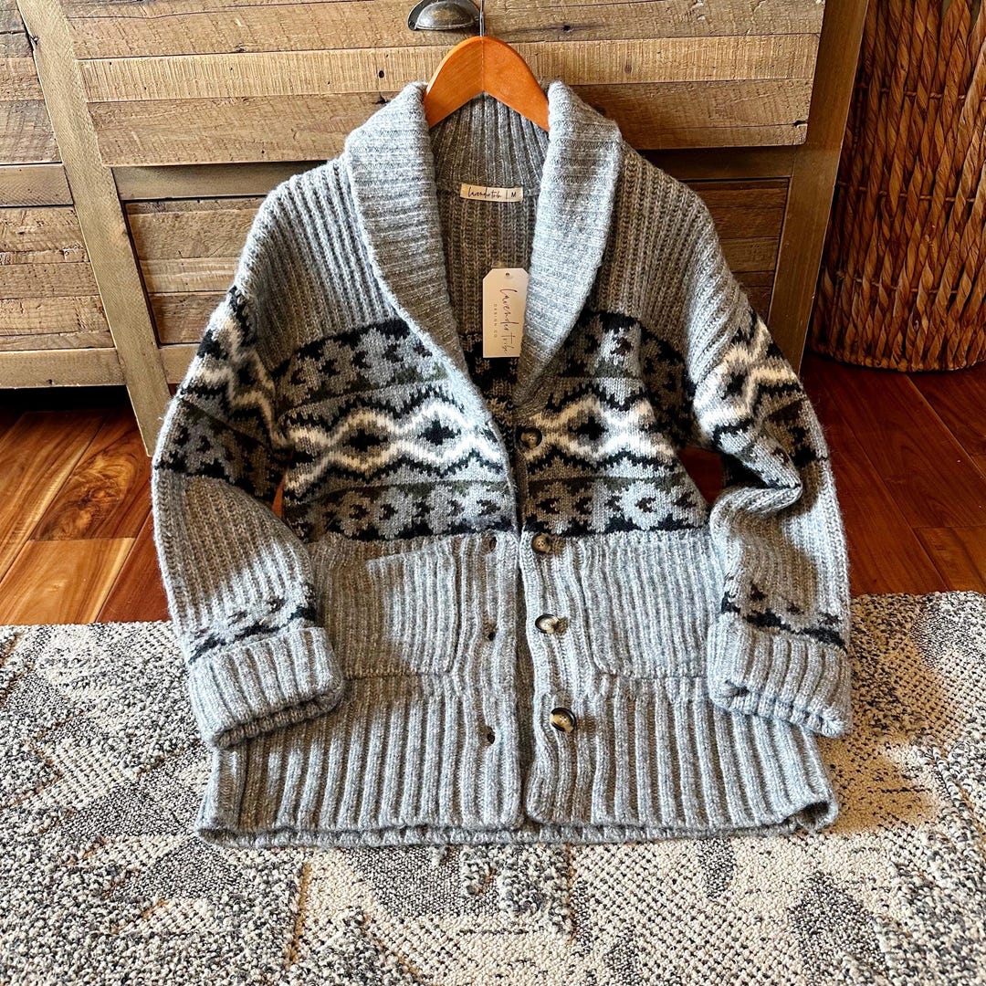 Handmade Cowichan Cardigan: Western Knit Shawl Collar Sweater - Etsy