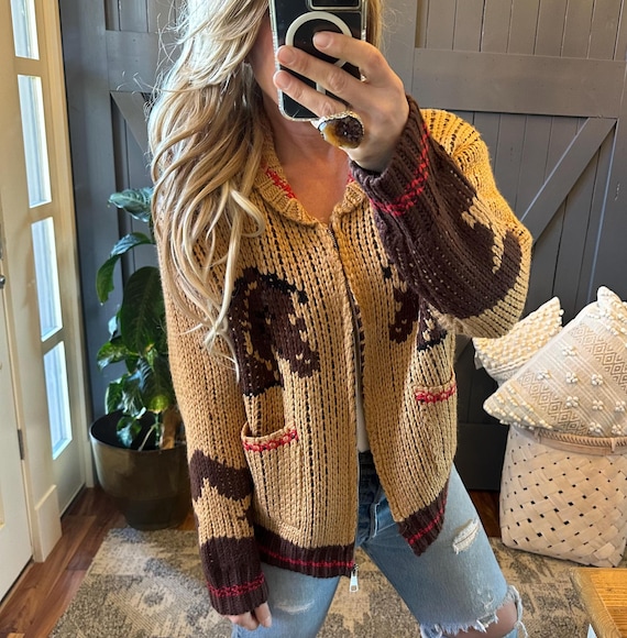 New Handmade Chunky Soft Knit Horse Print Cardigan Sweater