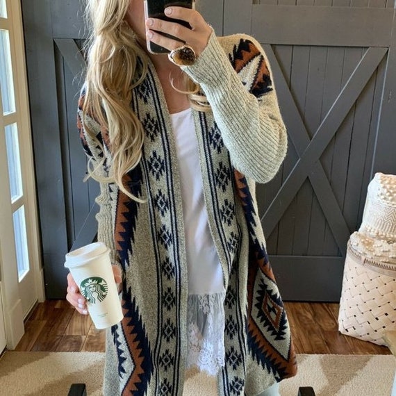 The Wyoming Aztec Grey Print Grey Long Cardigan Sweater by