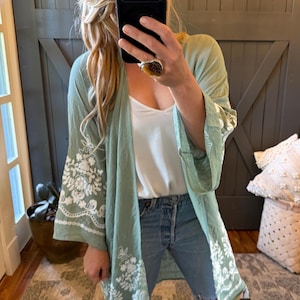 Handmade Embroidered Floral Bohemian Cardigan: Lightweight Cotton Gauze Kimono Blouse Cover-Up